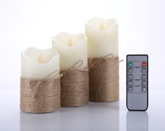 Bowknot Rope LED Flameless Pillar Candles With Remote & Timer